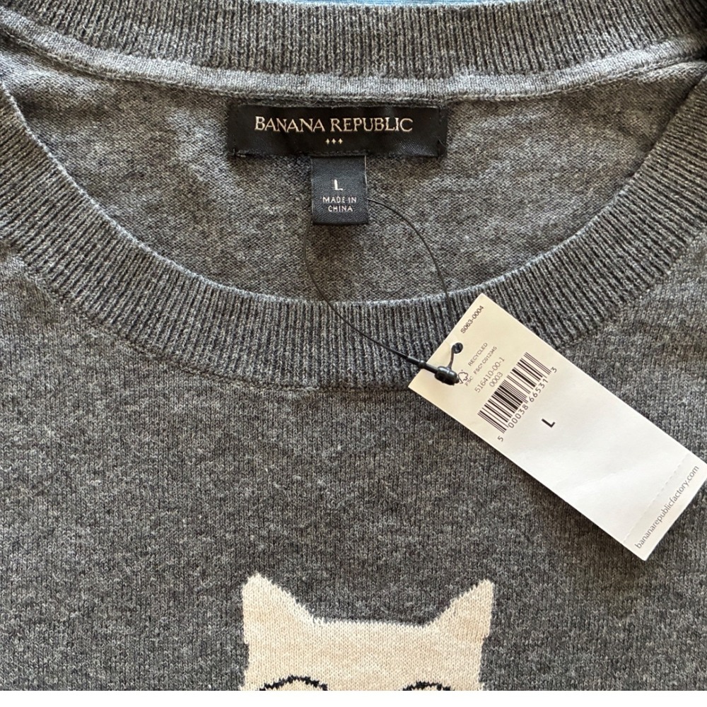 Banana Republic Womens L Gray Cat Glasses Intarsia Cotton Sweater NWT - Picture 3 of 10